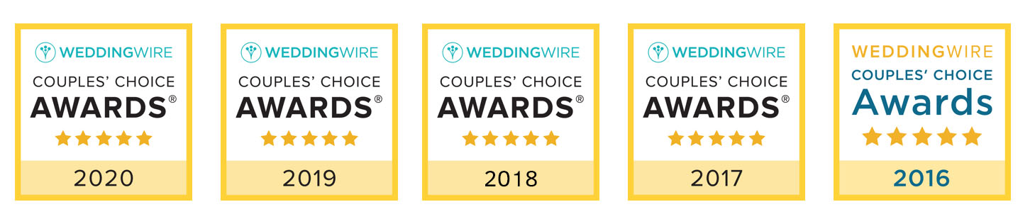 A Line of Five Awards From Weddingwire Couples Choice Awards, 2020 - 2019 -2018 - 2018 - 2017 - 2016